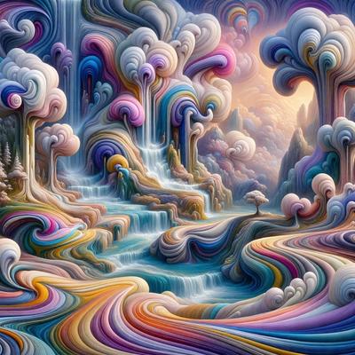 The primary subject of the image is a vibrant and colorful painting featuring a waterfall, trees, and a mountain. The setting is a fantasy world with a surreal landscape. The visual style is a digital art or illustration, showcasing a creative and imaginative atmosphere. The dominant colors are blue, pink, and yellow, creating a lively and energetic mood.